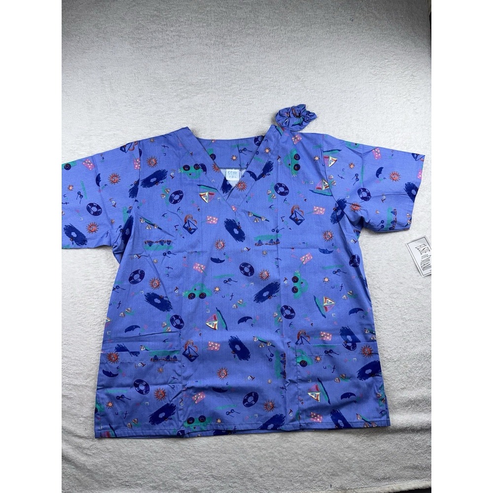 Elsie Of Miami Womens V Neck Scrub Top Size XL Summer Print Beach Fun Blue NWT